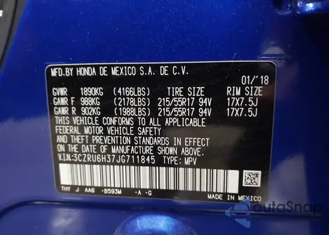 2018 Honda Hr-V Lx from USA, damaged, VIN 3CZRU6H37JG711845